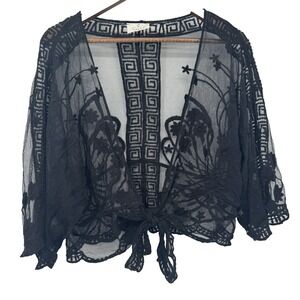 Ember Sheer‎ Mesh Embroidered Top Blouse Long Sleeves Black Whimsigoth fairy M